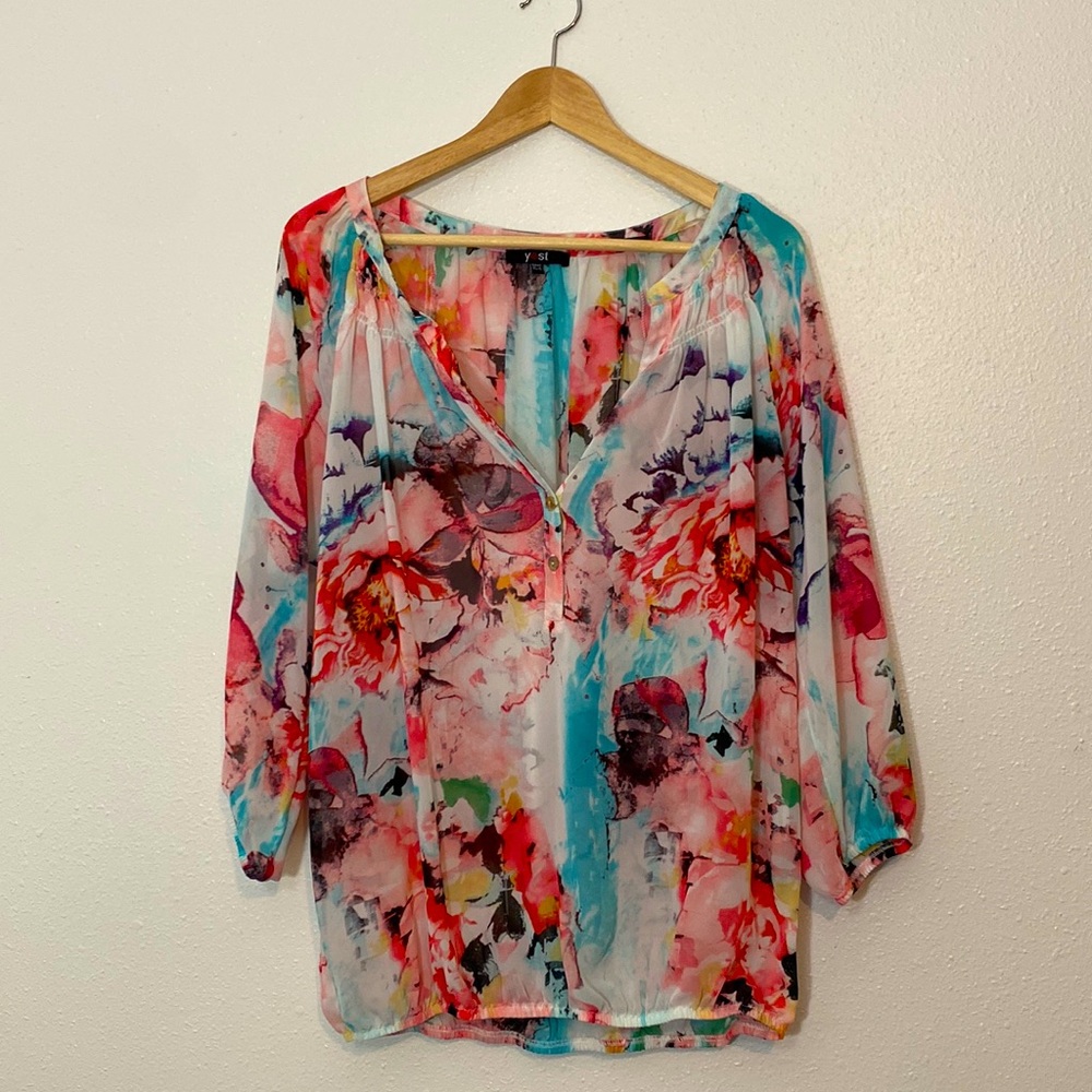 Sheer floral watercolor 3/4 sleeve blouse, Yest